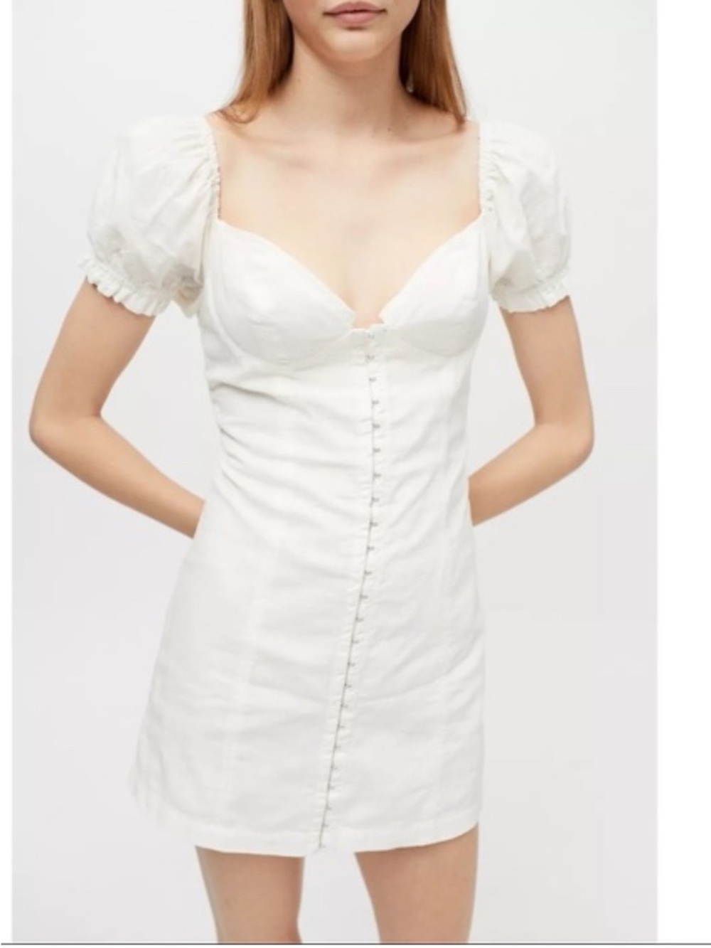 Urban Outfitters Ivory Puff-Sleeve Hook-Front Mini Dress